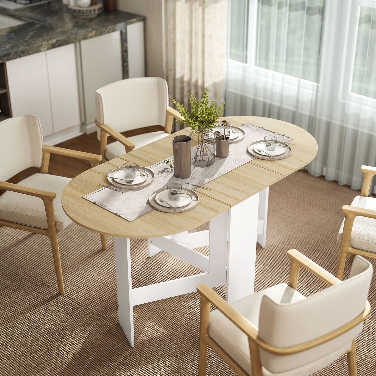Table à manger pliante, table pliante cuisine ovale jusqu'à 6 personnes, pour petits espaces, salle à manger, bois naturel-9