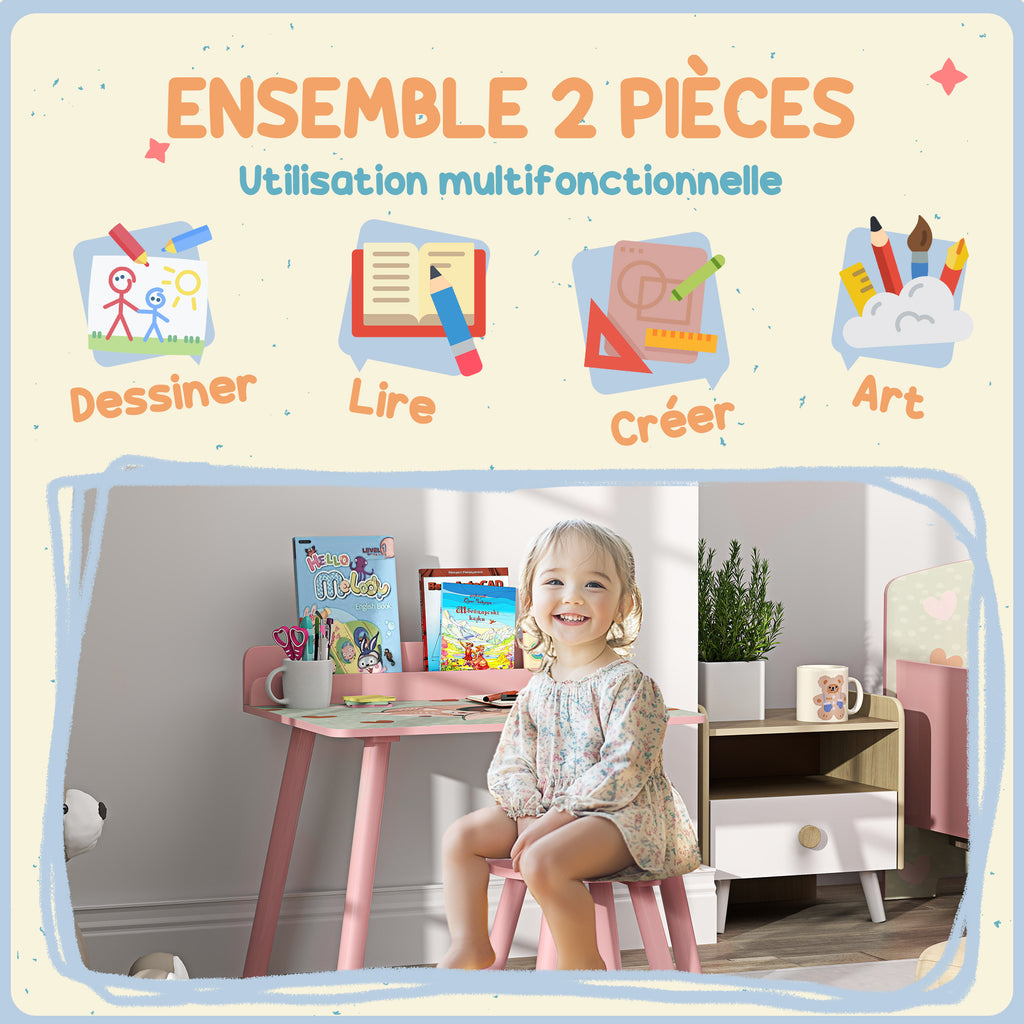 Ensemble table et chaise enfant table pour enfant avec chaise avec porte-livres motifs d'ours pour enfants 3-8 ans rose-3