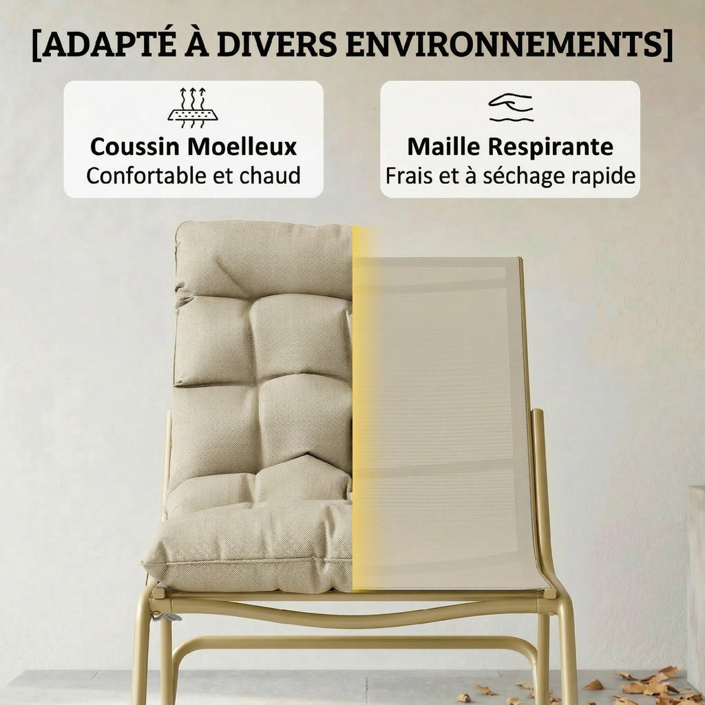 Fauteuil à Bascule Extérieur Coussin Moelleux 125cm Large 64cm en Acier et Textilène Beige et Doré-5