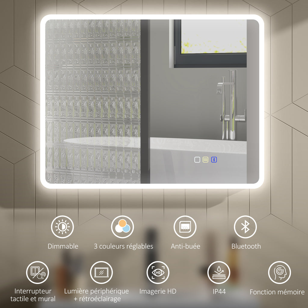 Miroir salle de bain LED bluetooth 70 x 90 cm interrupteur tactile lumière réglable 3 couleurs anti-buée mémoire argent-3