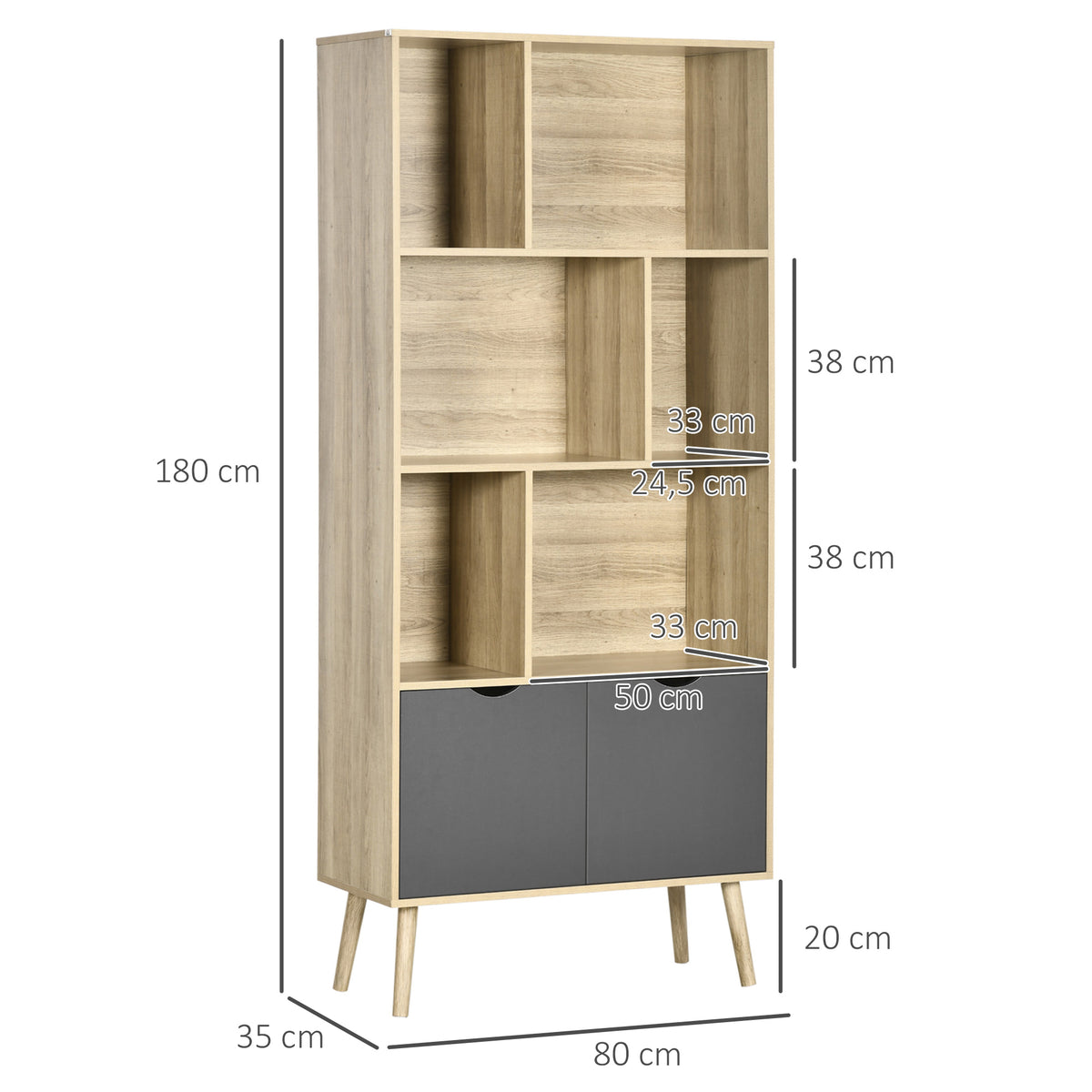 Bibliothèque étagère meuble de rangement placard 6 étagères dim. 80L x 35l x 180H cm naturel et gris foncé-2