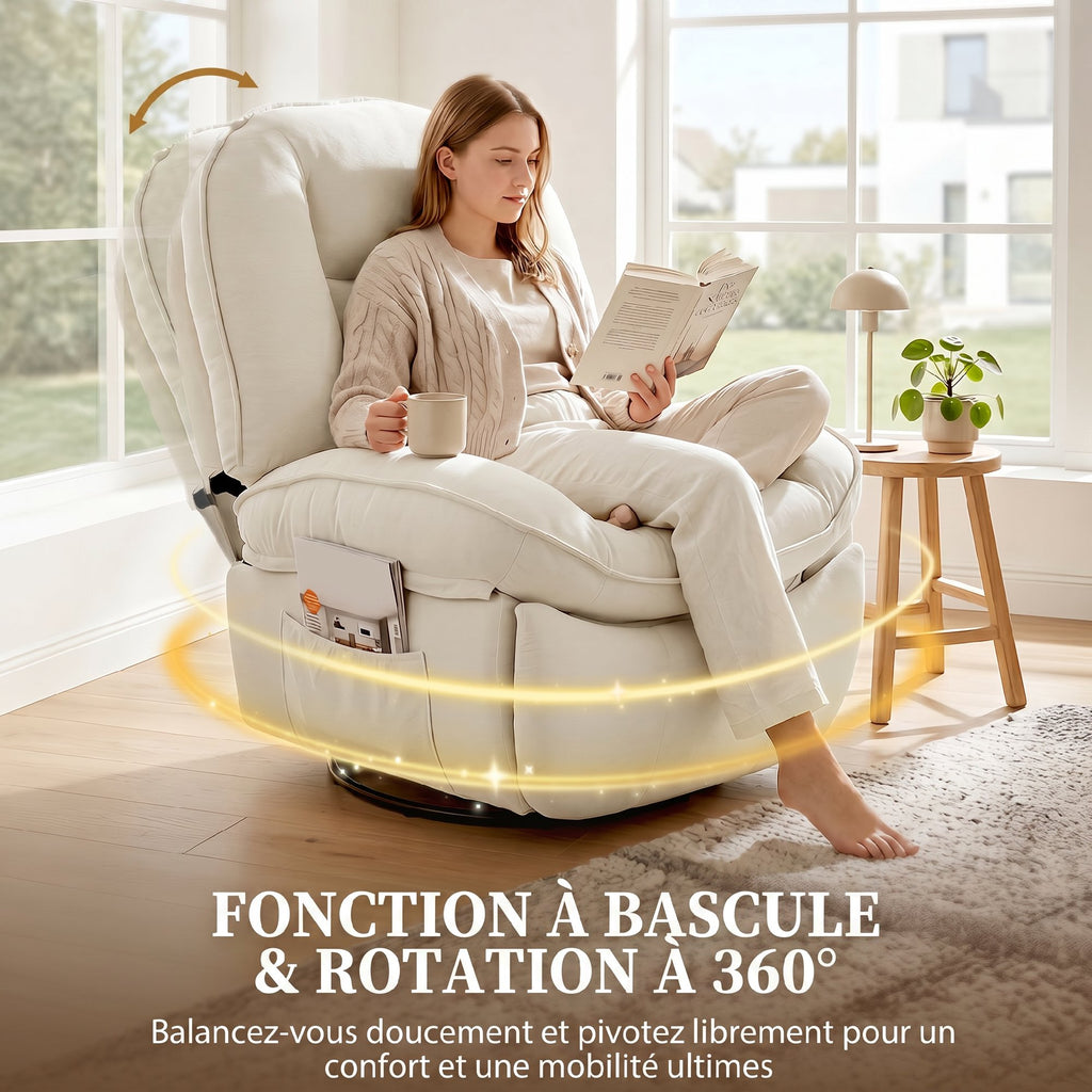Fauteuil inclinable en chenille, fauteuil de relaxation pivotant à 360°, assise large, poches latérales, crème-6