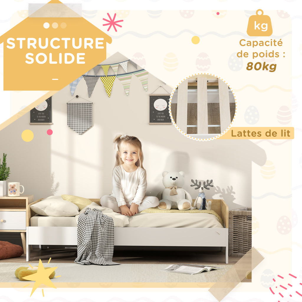 Lit enfant lit avec sommier à lattes avec panneaux latéraux élevés conception basse en bois 143,5 x 74 x 40 cm blanc-3