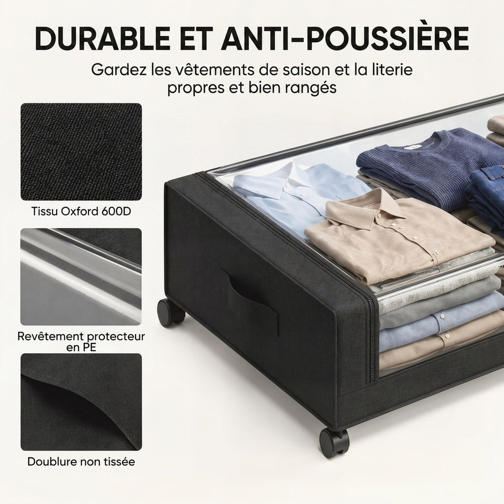 Boîte de Rangement sous Lit à Roulettes, Lot de 2, 40L, Fermeture Éclair, Cadre en Acier, Poignées, 78x44x16cm, Noir-4