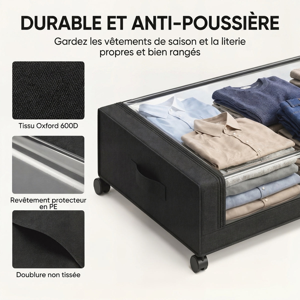 Boîte de Rangement sous Lit à Roulettes, Lot de 2, 40L, Fermeture Éclair, Cadre en Acier, Poignées, 78x44x16cm, Noir-4