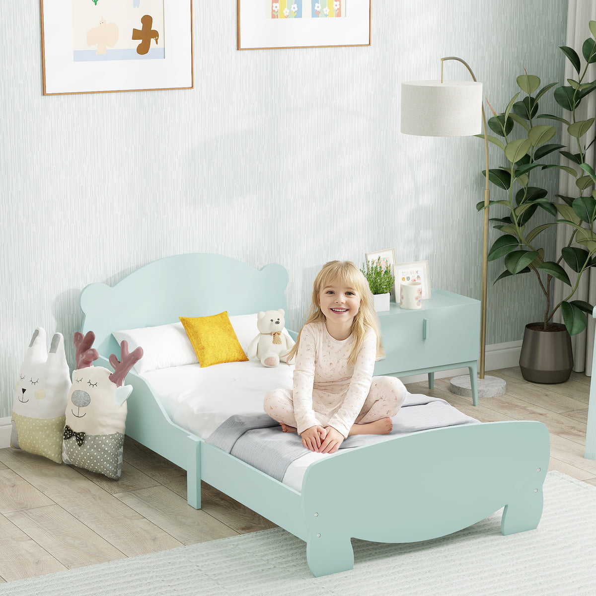 Lit enfant 70x140 cm avec barrières de sécurité thème d'ours pour garçons, filles, âgés de 3 à 6 ans, vert-9