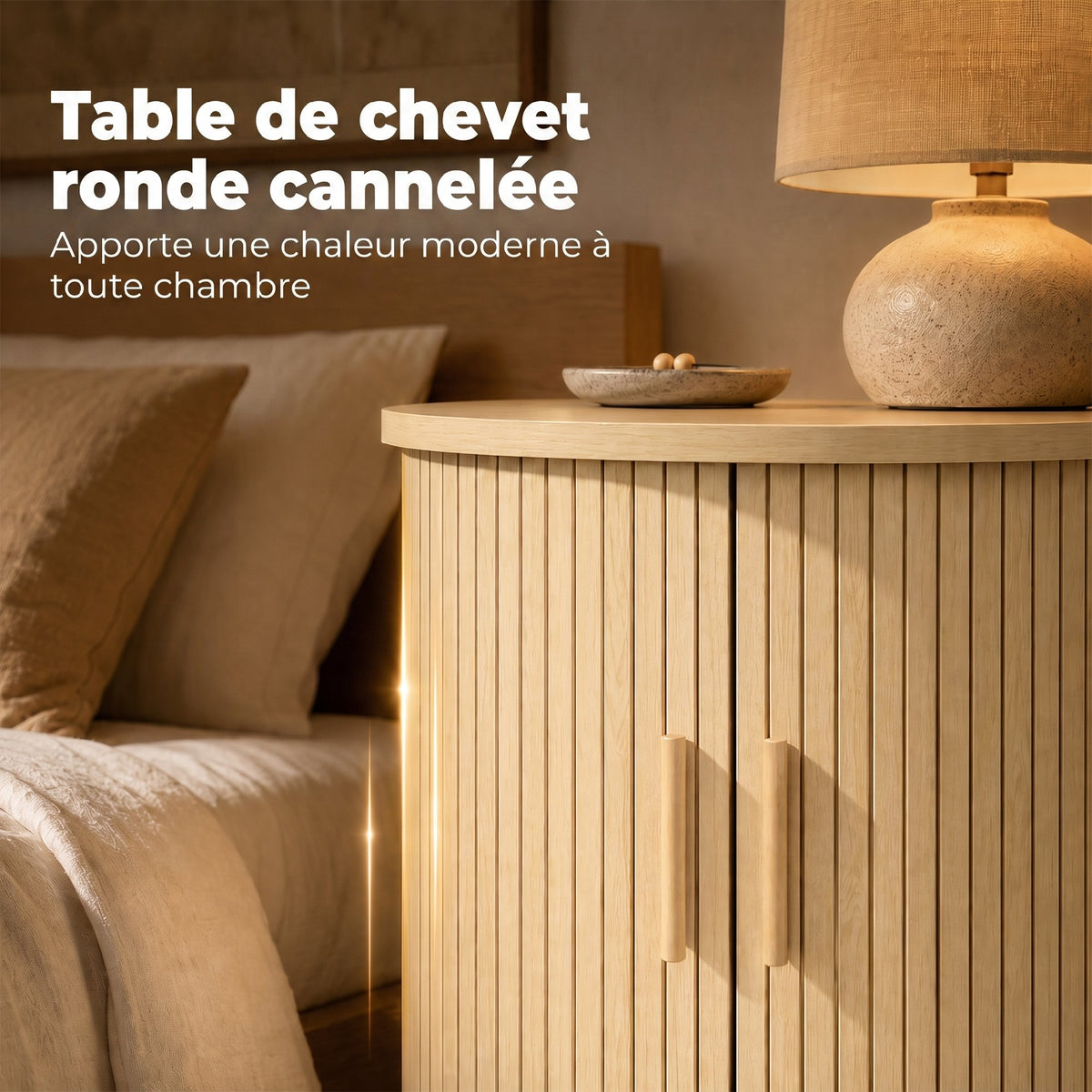 Table de Chevet, Table de Nuit Ronde Cannelée avec Porte Coulissante, pour Chambre à Coucher, Salon, 40x40x50cm, Chêne-3