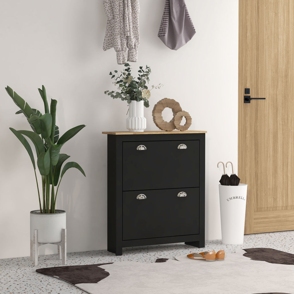 Armoire à chaussures 2 portes abattantes 2 compartiments poignées coquilles métal 79 x 23 x 90,5 cm noir chêne-1