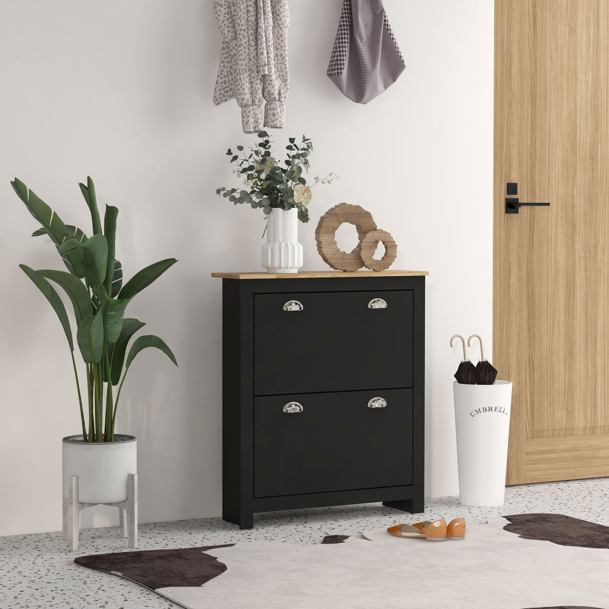 Armoire à chaussures 2 portes abattantes 2 compartiments poignées coquilles métal 79 x 23 x 90,5 cm noir chêne-1