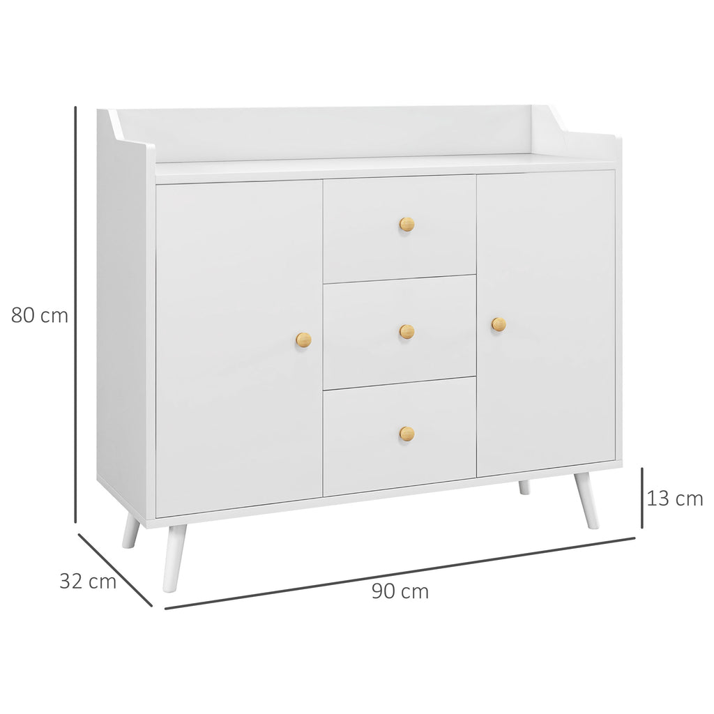 Buffet, meuble de rangement avec 2 portes, 3 tiroirs et pieds en bois massif, style moderne, 90 x 32 x 80 cm, blanc-2