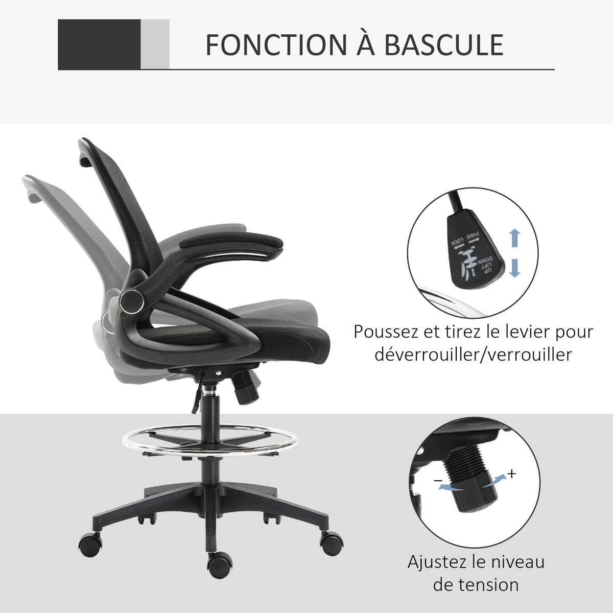 Chaise bureau ergonomique, fauteuil de bureau avec repose-pieds, chaise de dessin à dossier en maille, hauteur réglable, accoudoirs, assise rembourrée et pivotante 360°, noir-5