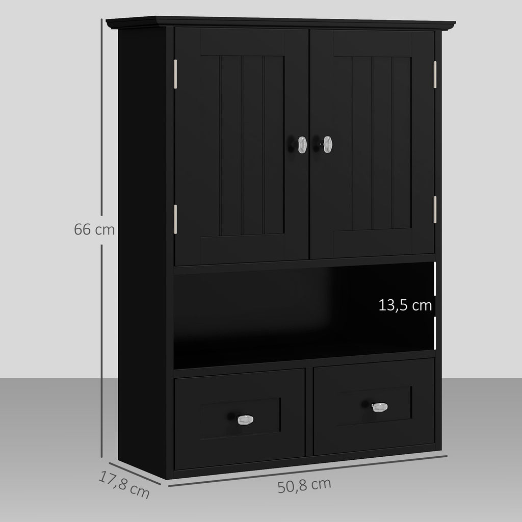 Armoire murale de salle de bain, armoire de toilette, avec portes, étagère, 2 tiroirs, 50,8l x 17,8P x 66H cm, noir-2