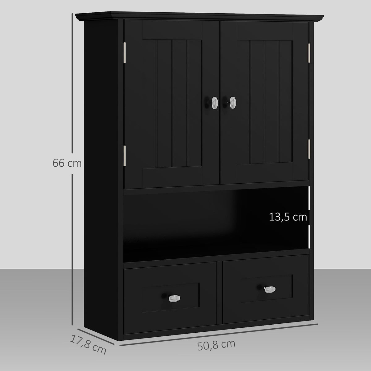 Armoire murale de salle de bain, armoire de toilette, avec portes, étagère, 2 tiroirs, 50,8l x 17,8P x 66H cm, noir-2