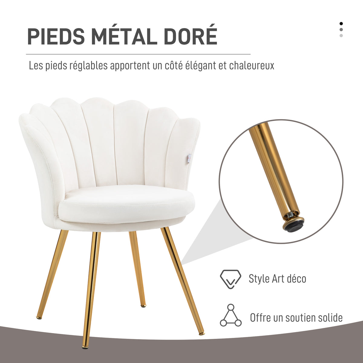 Fauteuil coquillage chaise coiffeuse fauteuil en velours fauteuil de salon avec pieds en métal doré crème-3