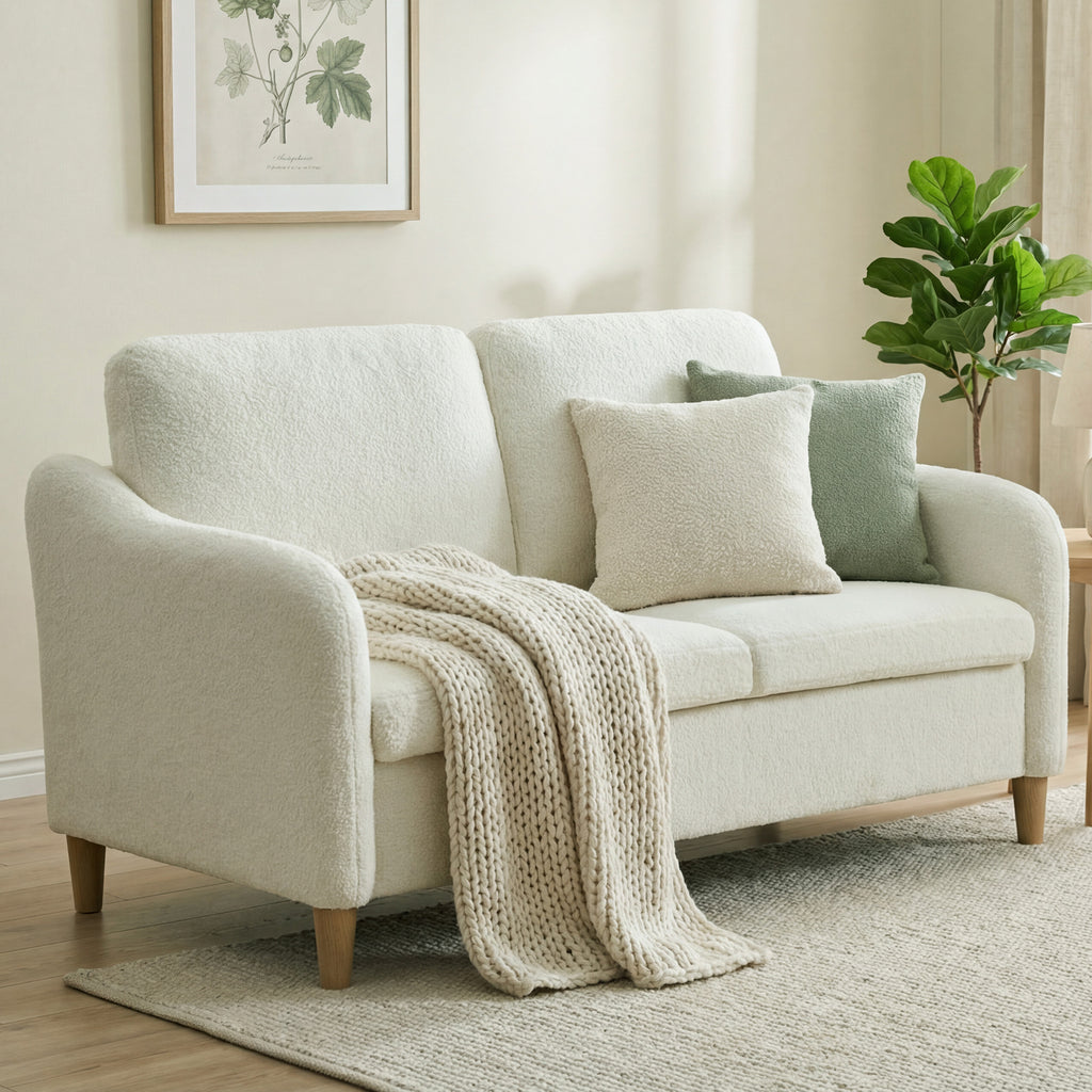 Canapé 2 places, canapé de salon en tissu bouclette avec coussins inclus, assise rembourrée, 137 x 69 x 82 cm, crème-1