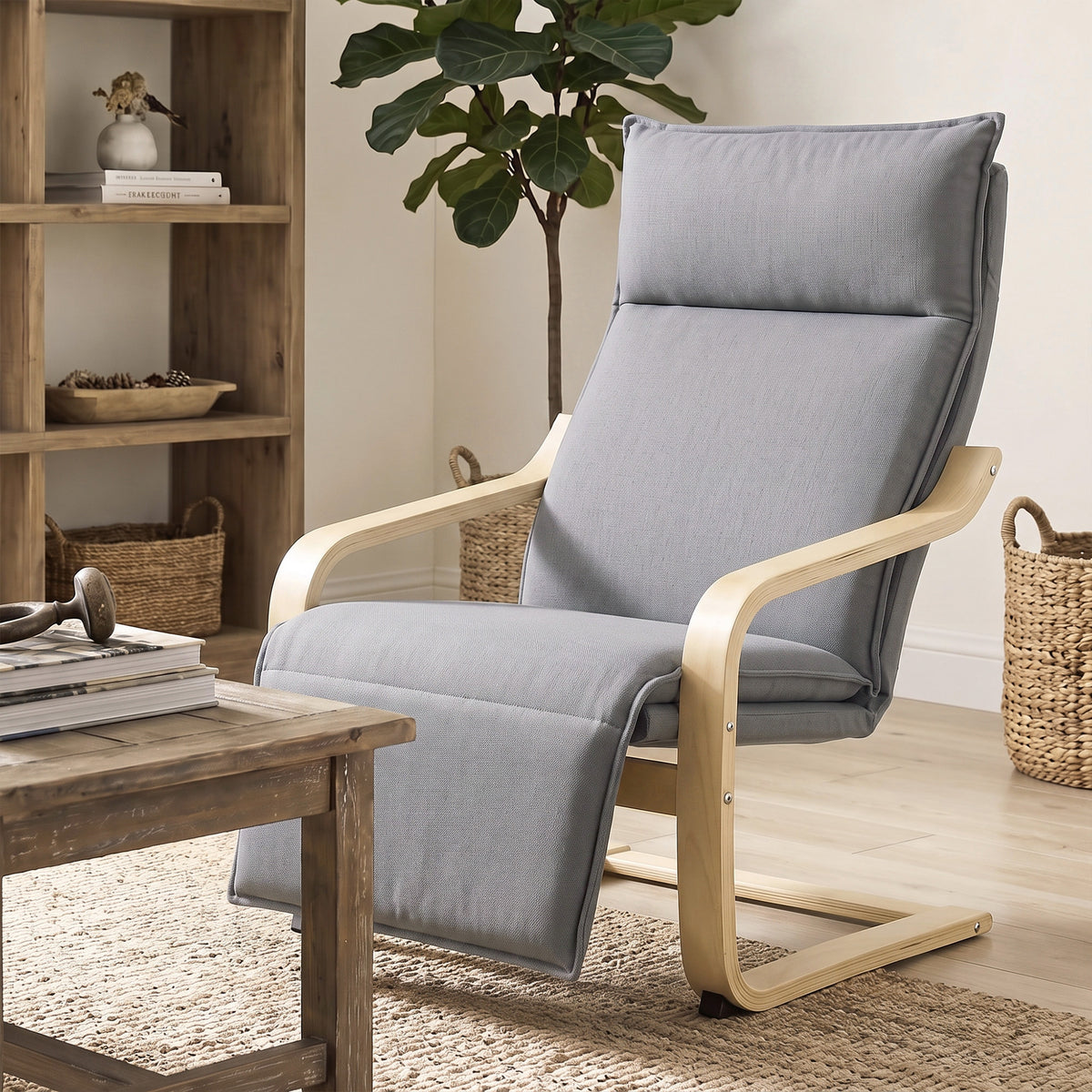 Fauteuil Salon, Fauteuil d'Appoint Rembourré en Lin avec Repose-Pieds, Assise Large, Bascule Douce, Dossier Haut, Gris-8