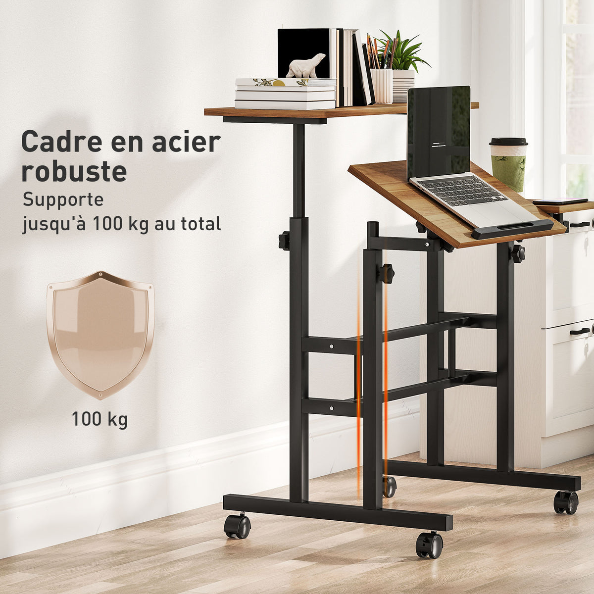 Bureau assis debout bureau réglable en hauteur 70 x 60 cm à roulettes avec plateau inclinable cadre en métal marron-8
