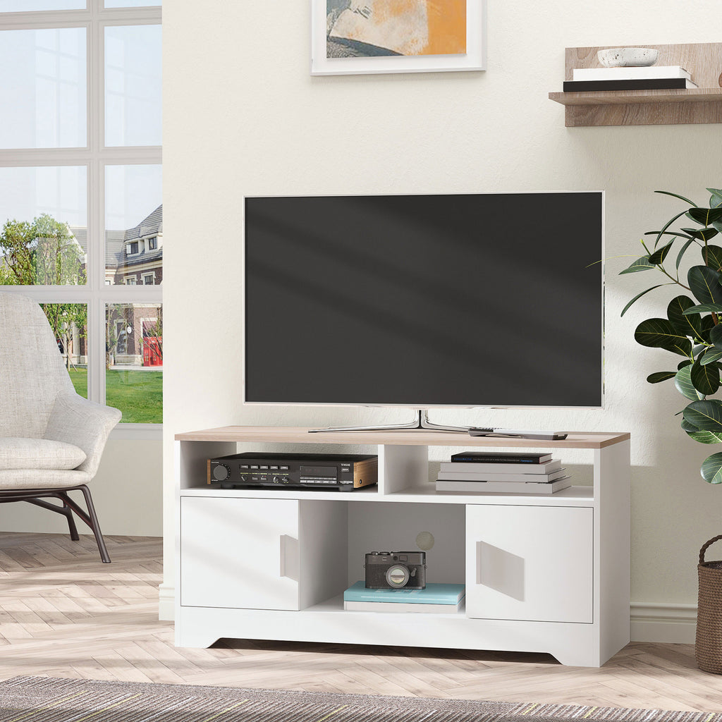 Meuble TV banc TV en bois grand espace de rangement avec 2 compartiments ouverts 2 armoires à porte une armoire ouverte 105 x 40 x 52 cm blanc-1