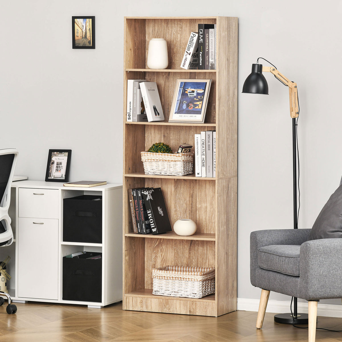 Bibliothèque, étagère de rangement à 5 niveaux avec étagères réglables, 63 x 29,2 x 176 cm, bois naturel-1
