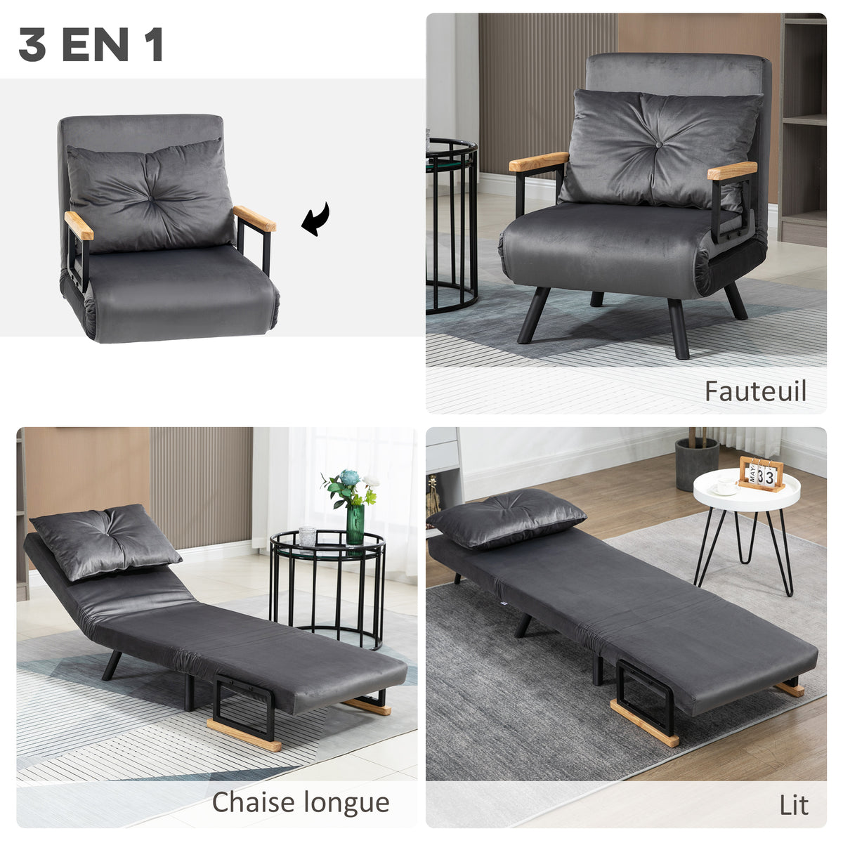 Fauteuil convertible 1 place fauteuil-lit chauffeuse 3 en 1 dossier réglable oreiller tissu velours 63x73x81cm gris-3