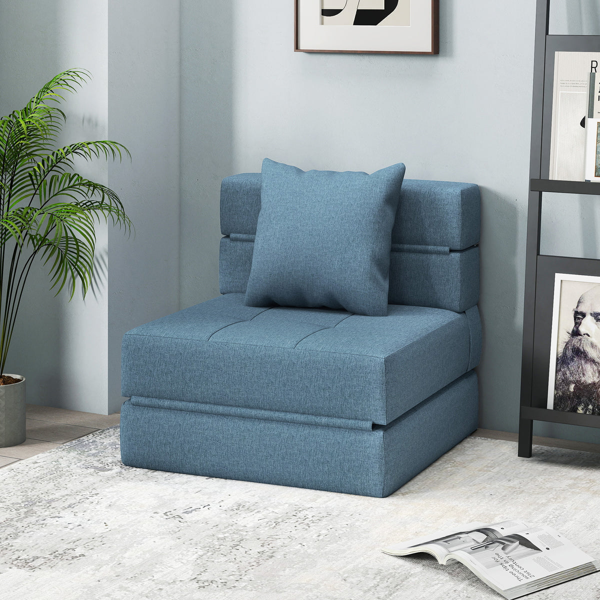 Chauffeuse canapé-lit convertible fauteuil 1 place avec 1 coussin déhoussable, tissu bleu foncé-8