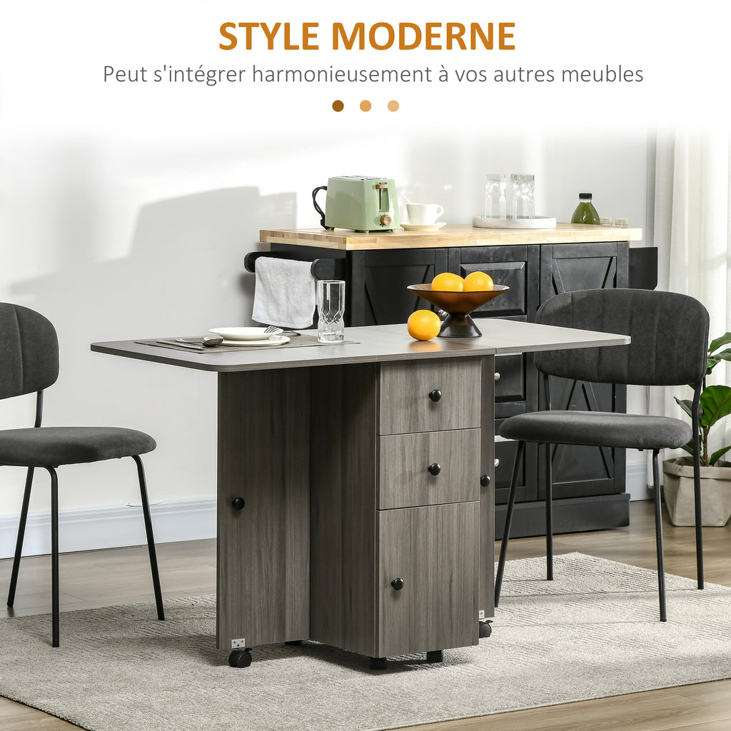 Table de cuisine pliable table à manger pliante 2 plateaux rabattables avec 2 tiroirs 1 placard gris-3