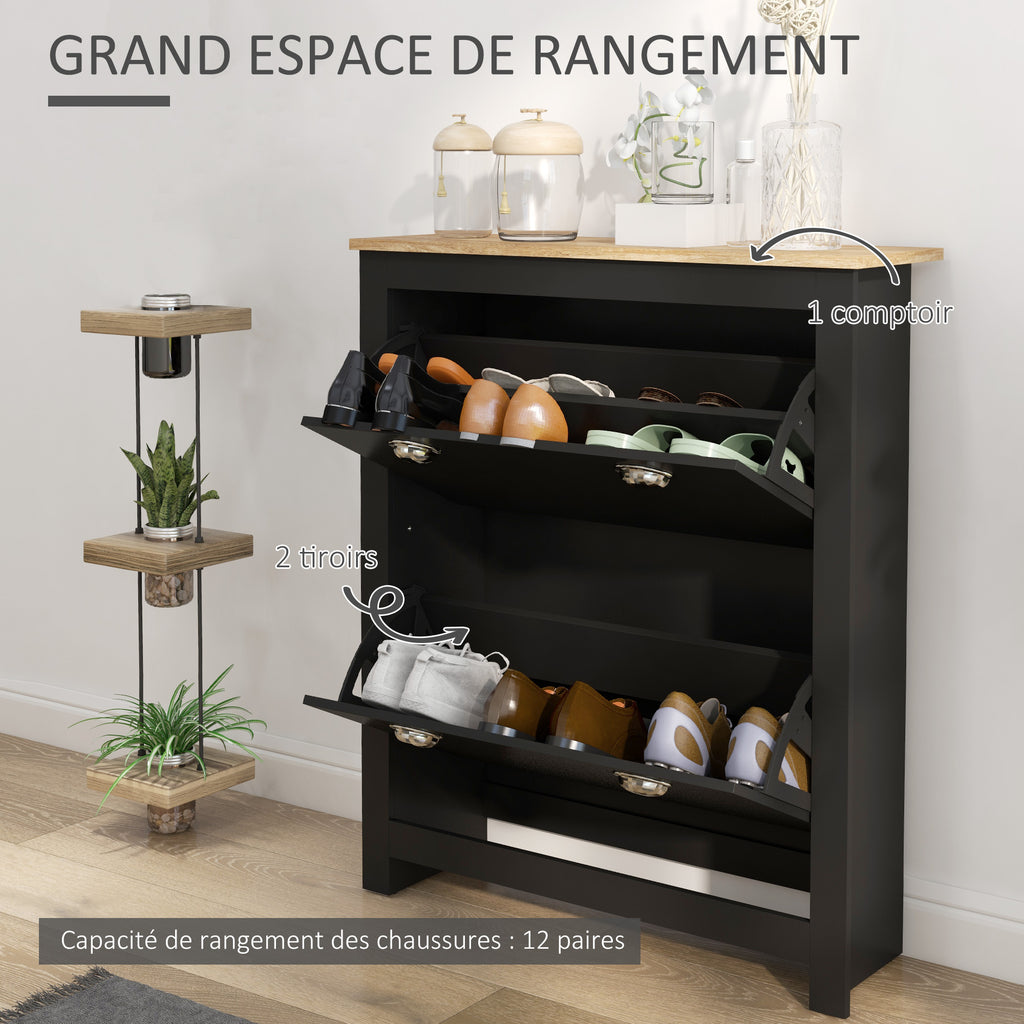 Armoire à chaussures 2 portes abattantes 2 compartiments poignées coquilles métal 79 x 23 x 90,5 cm noir chêne-3