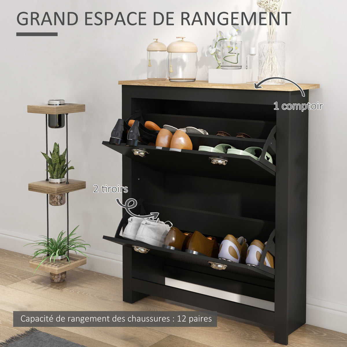 Armoire à chaussures 2 portes abattantes 2 compartiments poignées coquilles métal 79 x 23 x 90,5 cm noir chêne-3