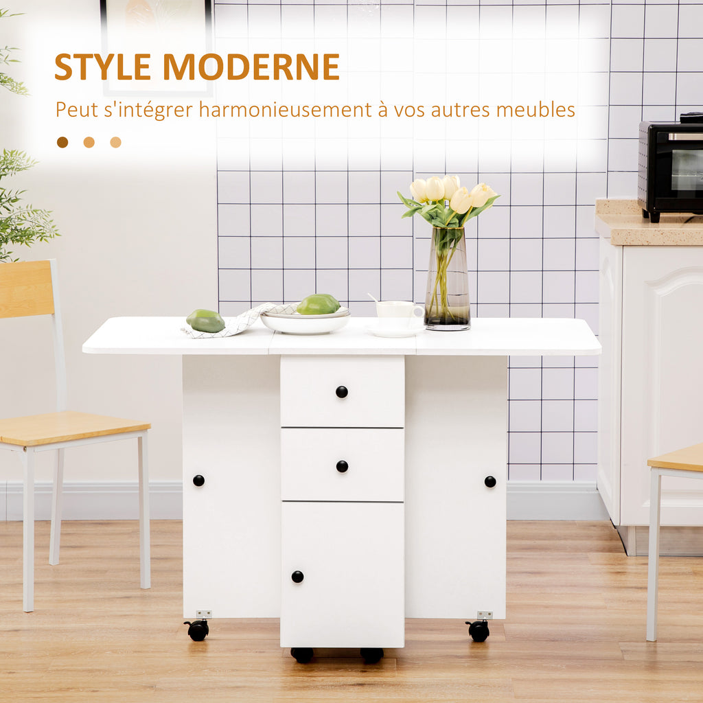 Table de cuisine pliable table à manger pliante 2 plateaux rabattables avec 2 tiroirs 1 placard blanc-3