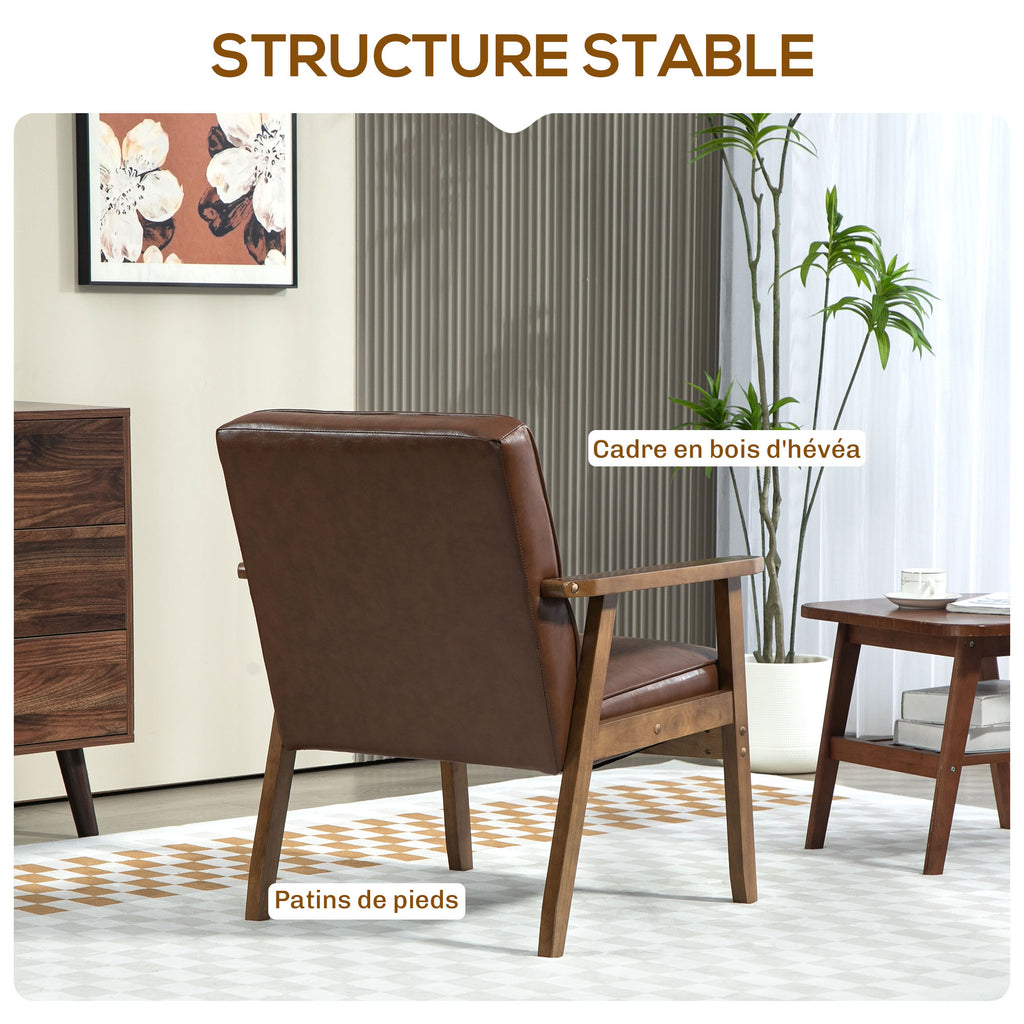 Fauteuil de salon, fauteuil de chambre en cuir synthétique, dossier capitonné, pieds en bois massif, 64x73x81cm, marron-4