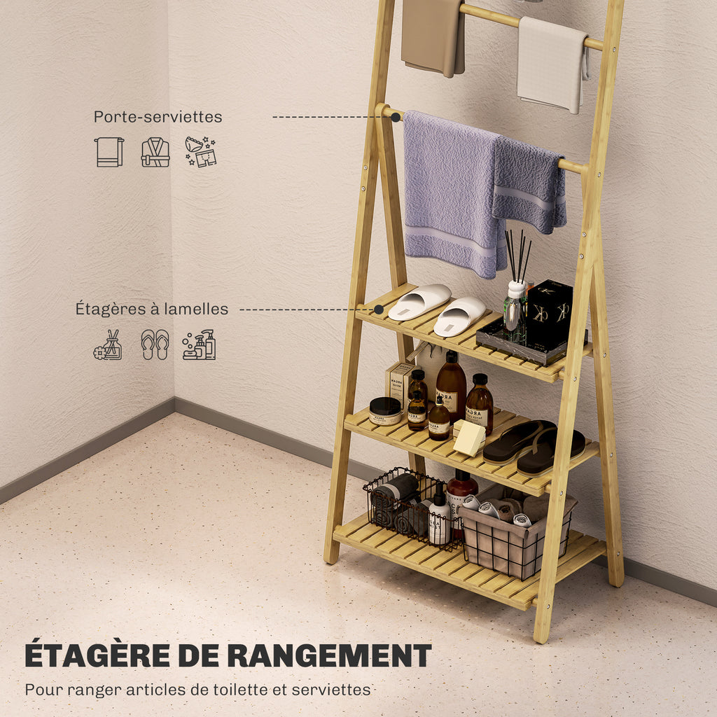 Étagère salle de bain en bambou pliable 3 niveaux étagère à échelle porte-serviettes 53,5x30x153cm effet bois naturel-4