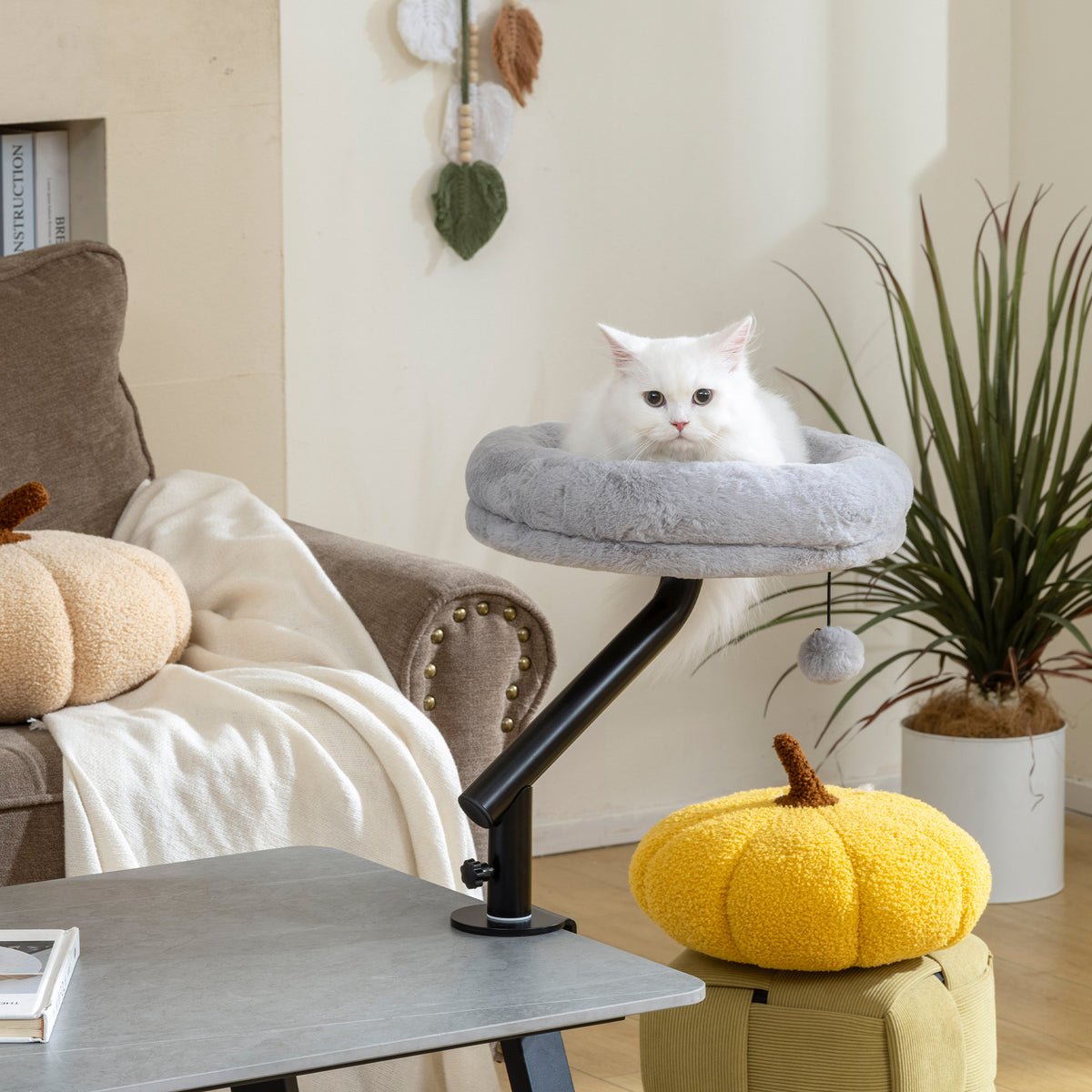 Lit de Bureau pour Chat Rotation de 360° et Hauteur Réglable, Lit pour Chat Lavable avec Balle Jouet,  35x35x48cm, Gris-7