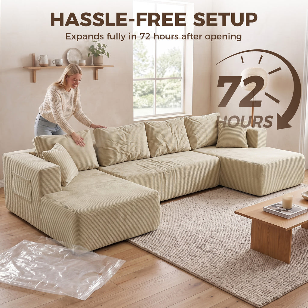 Canapé Modulaire en U Compressé 337 cm, Canapé Convertible 4 places en Velours Côtelé, Assise Large, Crème-8