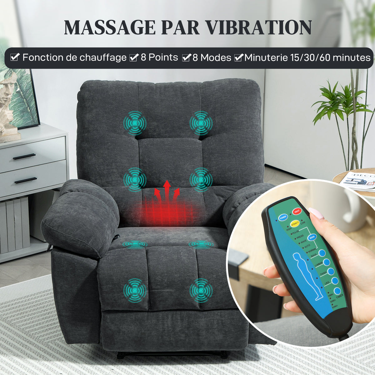 Fauteuil de massage fauteuil relax avec vibration chauffage, inclination manuelle, télécommande inclus, gris-3