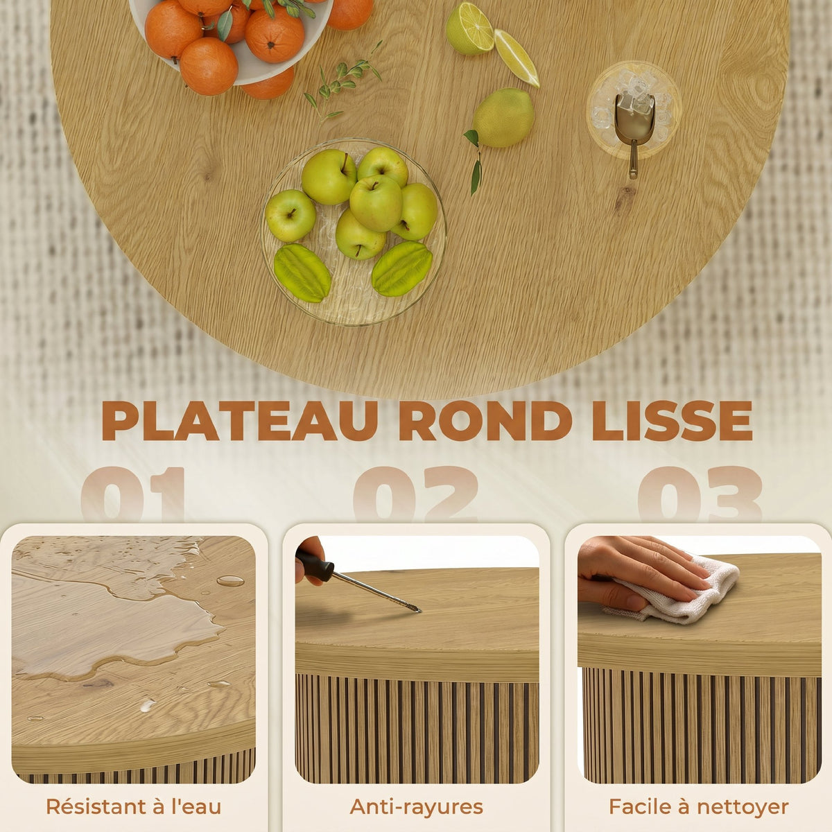 Table basse ronde en bois, table de salon avec piètement cannelé, style moderne, effet bois naturel-5