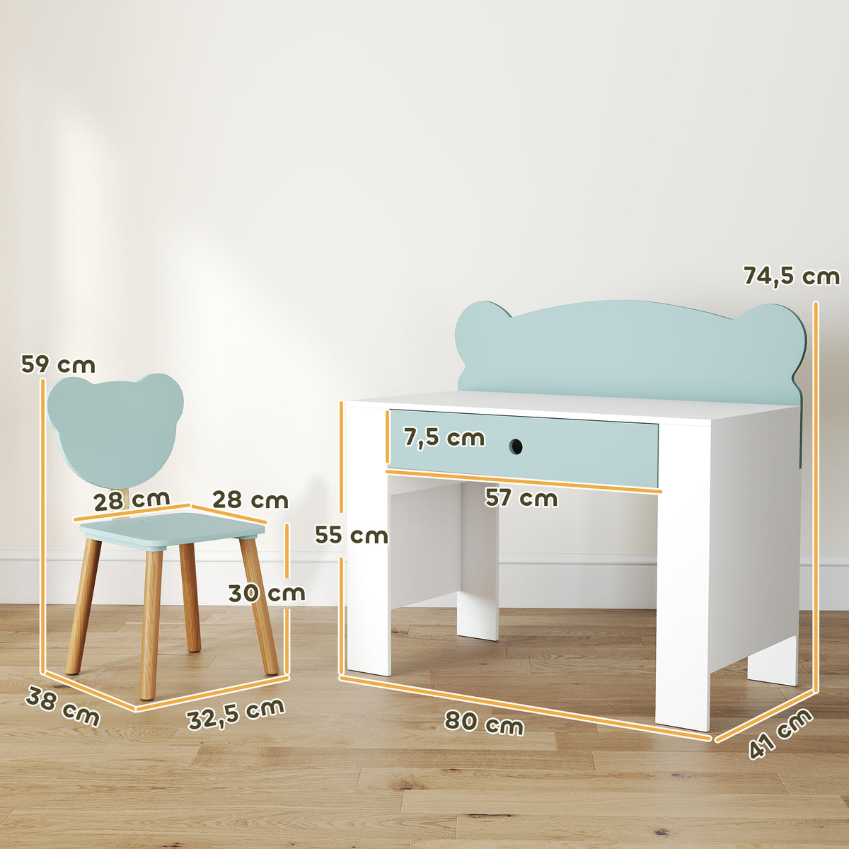 Bureau enfant avec chaise, table enfant et chaise avec tiroir et large plateau, 80 x 41 x 74,5 cm, vert-2