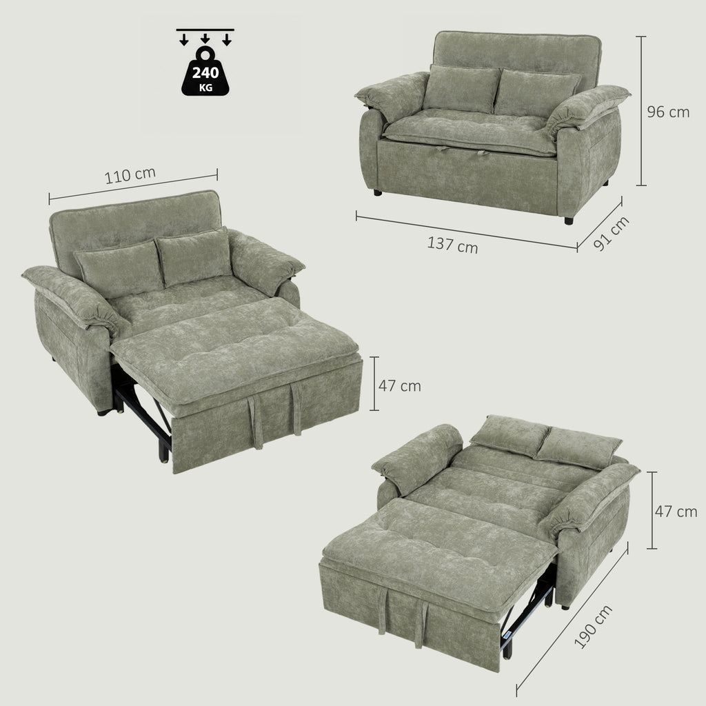Canapé Convertible 2 Places, Canapé-Lit 3 en 1 Velours 137 cm, Dossier Réglable, Assise Large, 2 Oreillers, Vert-2
