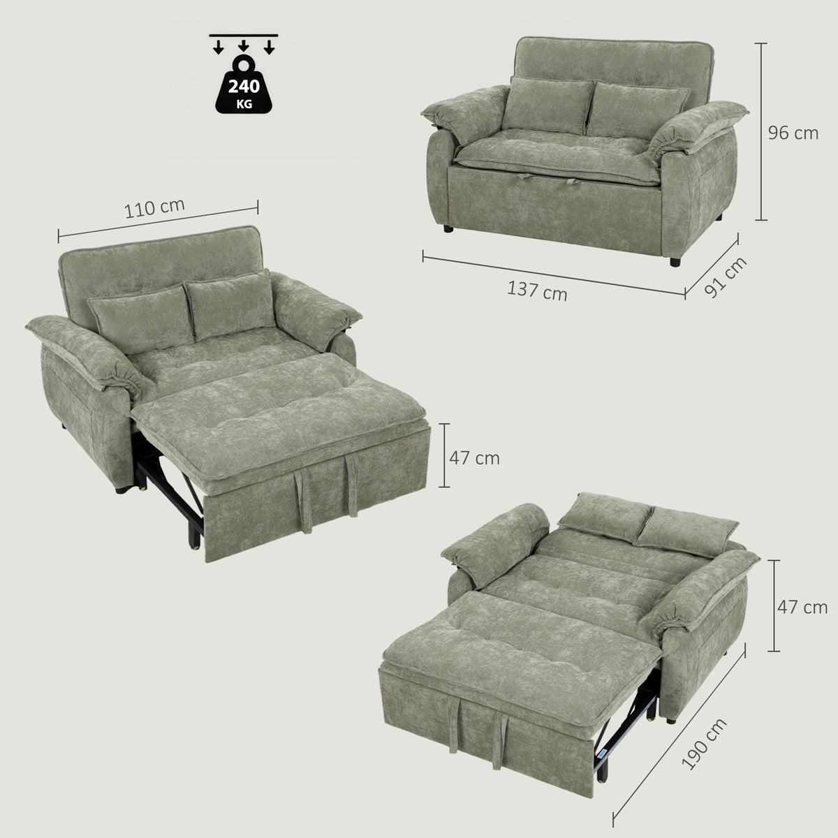 Canapé Convertible 2 Places, Canapé-Lit 3 en 1 Velours 137 cm, Dossier Réglable, Assise Large, 2 Oreillers, Vert-2