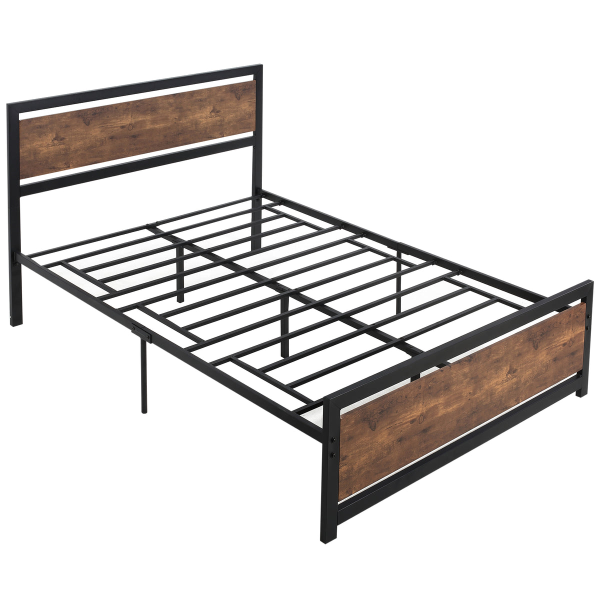Cadre de lit double en acier avec sommier et tête de lit compatible matelas 190 x 140 cm aspect bois foncé-0