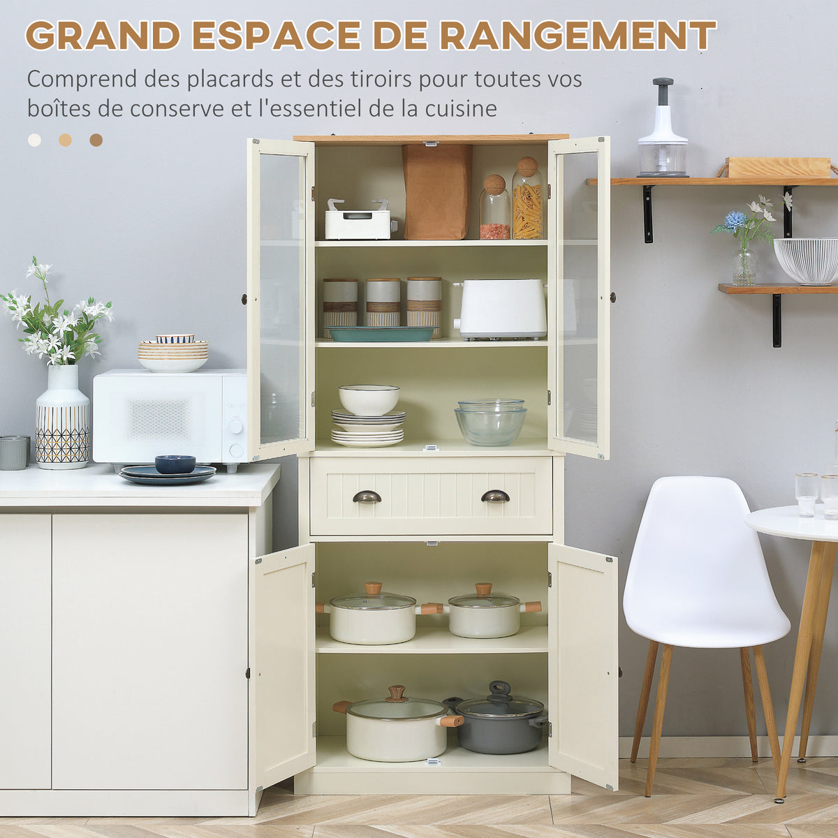 Buffet meuble cuisine rangement armoire de cuisine 4 portes dont 2 portes vitrées et 1 tiroir hauteur 182,5 cm avec étagères réglables - beige-3
