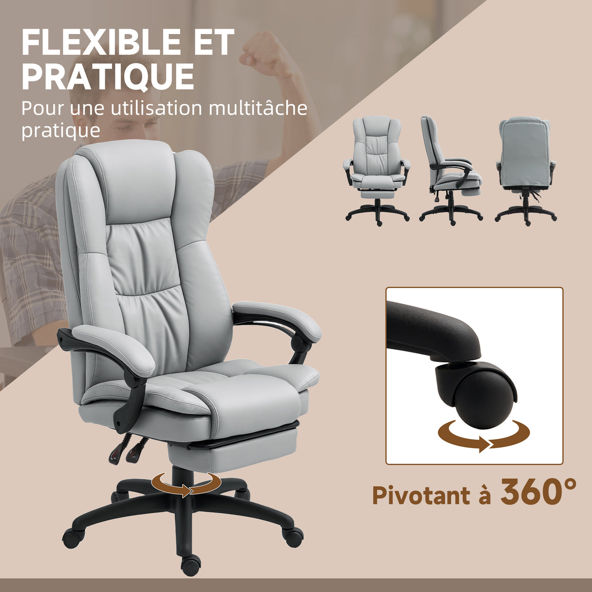 Fauteuil de bureau massant, chaise de bureau avec hauteur réglable, dossier inclinable et télécommande filaire, gris-6