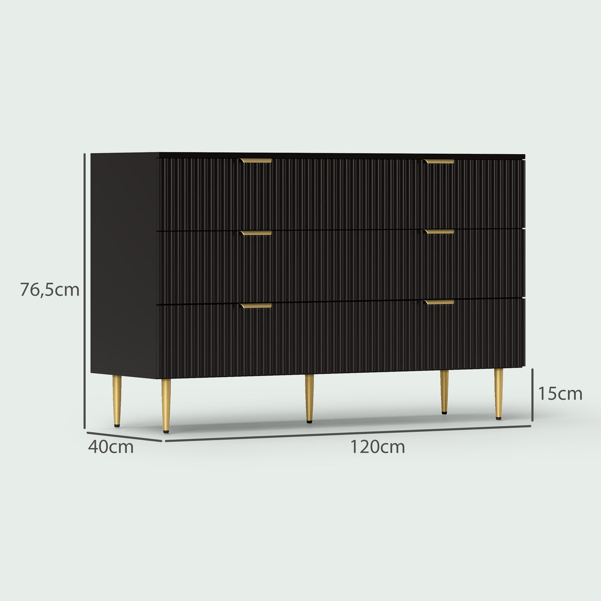 Commode 6 tiroirs commode chambre meuble de rangement moderne avec poignées et pieds dorés, 120 x 40 x 76,5 cm, noir-2