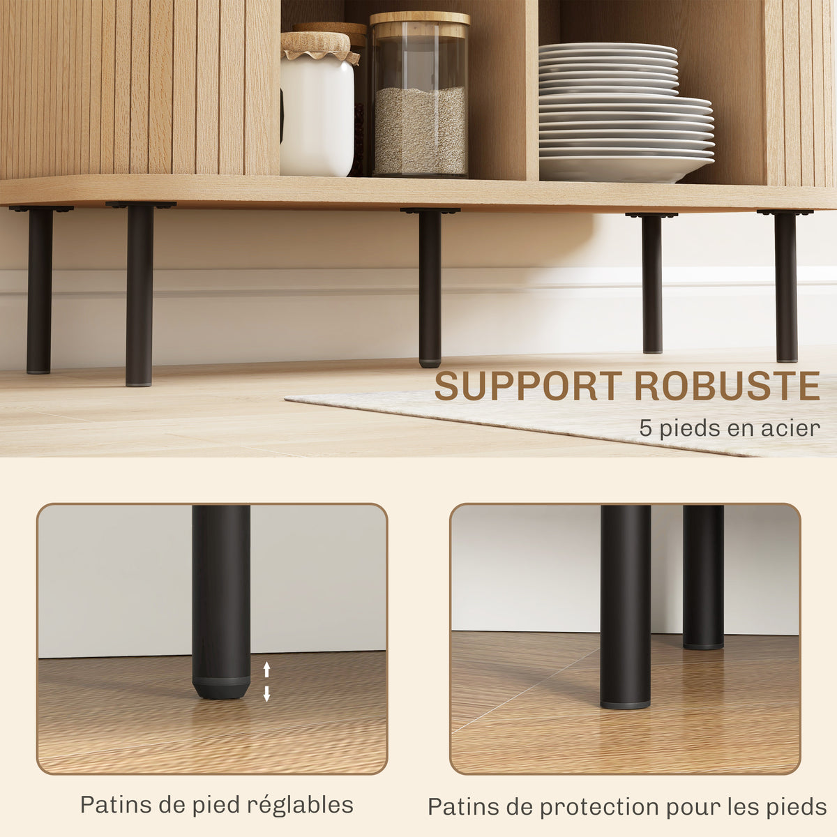 Buffet meuble de rangement avec portes coulissantes à lattes, armoire de cuisine avec pieds en acier, ton chêne-6