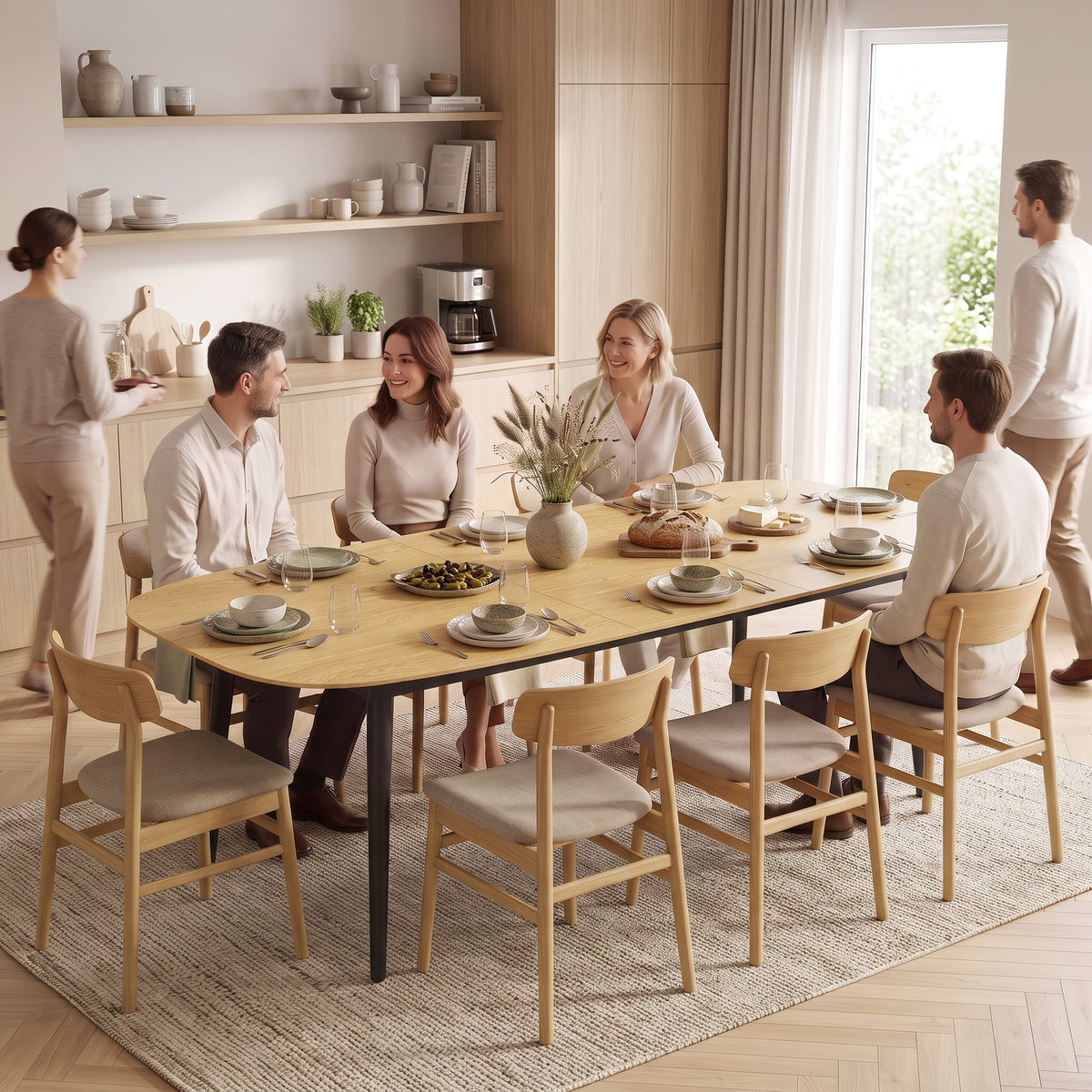 Table à Manger Extensible Rectangle pour 6 à 8 Personnes, Table de Cuisine 160-200 cm avec Étagère, Marron-8