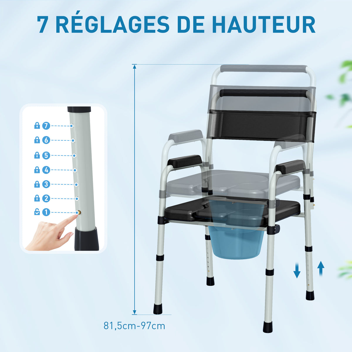 Chaise percée toilette pliable antidérapante hauteur réglable, siège et accoudoirs rembourrés, charge 150 kg, noir-5
