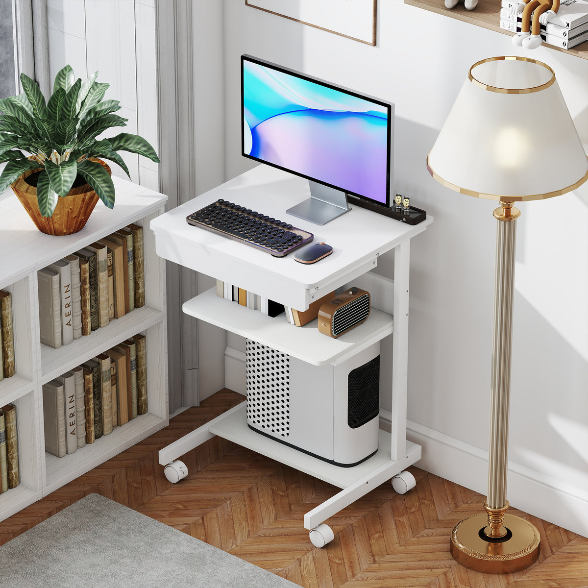 Bureau d'ordinateur sur roues, bureau avec rangement 56 x 51 cm avec tiroir, compartiment et support CPU, blanc-8