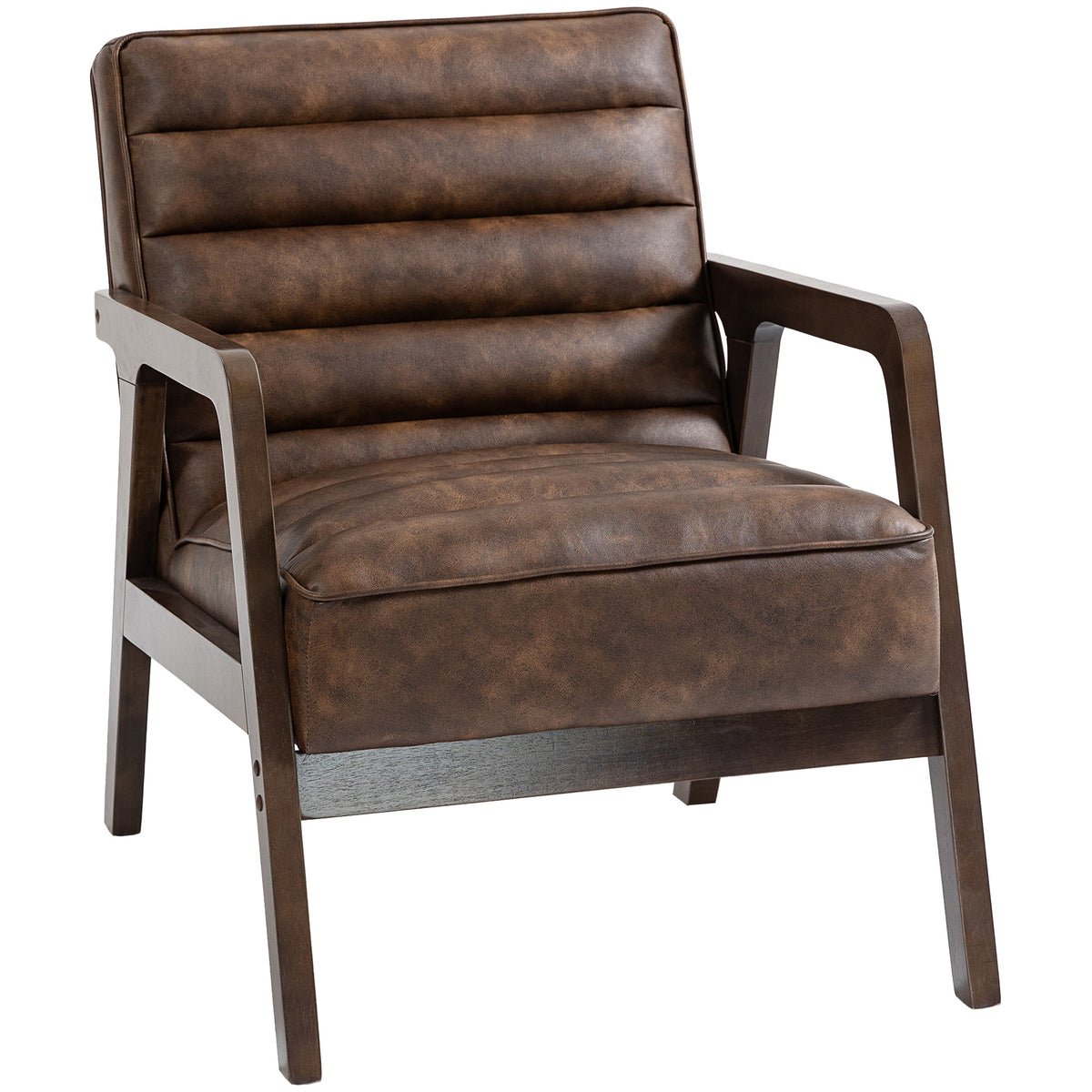 Fauteuil salon, fauteuil d'appoint rembourré en PU avec large assise, coussin épais et structure en bois massif, marron-0