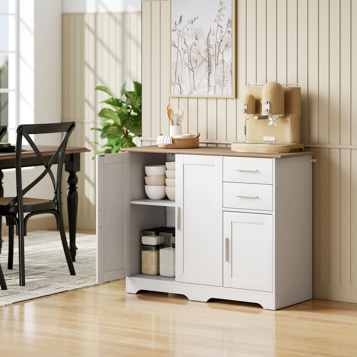Buffet salon, meuble de rangement avec 2 tiroirs, 3 portes et étagère réglable, 100 x 40 x 78 cm, blanc et bois naturel-7