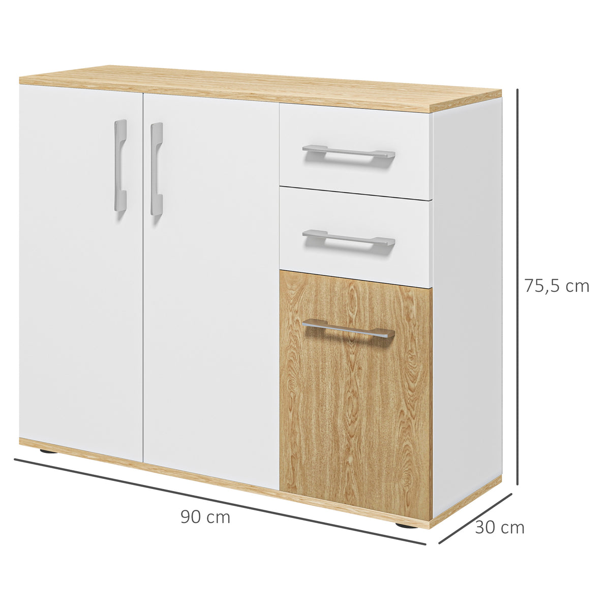 Buffet, meuble de rangement avec 3 portes, 2 tiroirs et étagère réglable, 90 x 30 x 75,5 cm, blanc et bois naturel-2