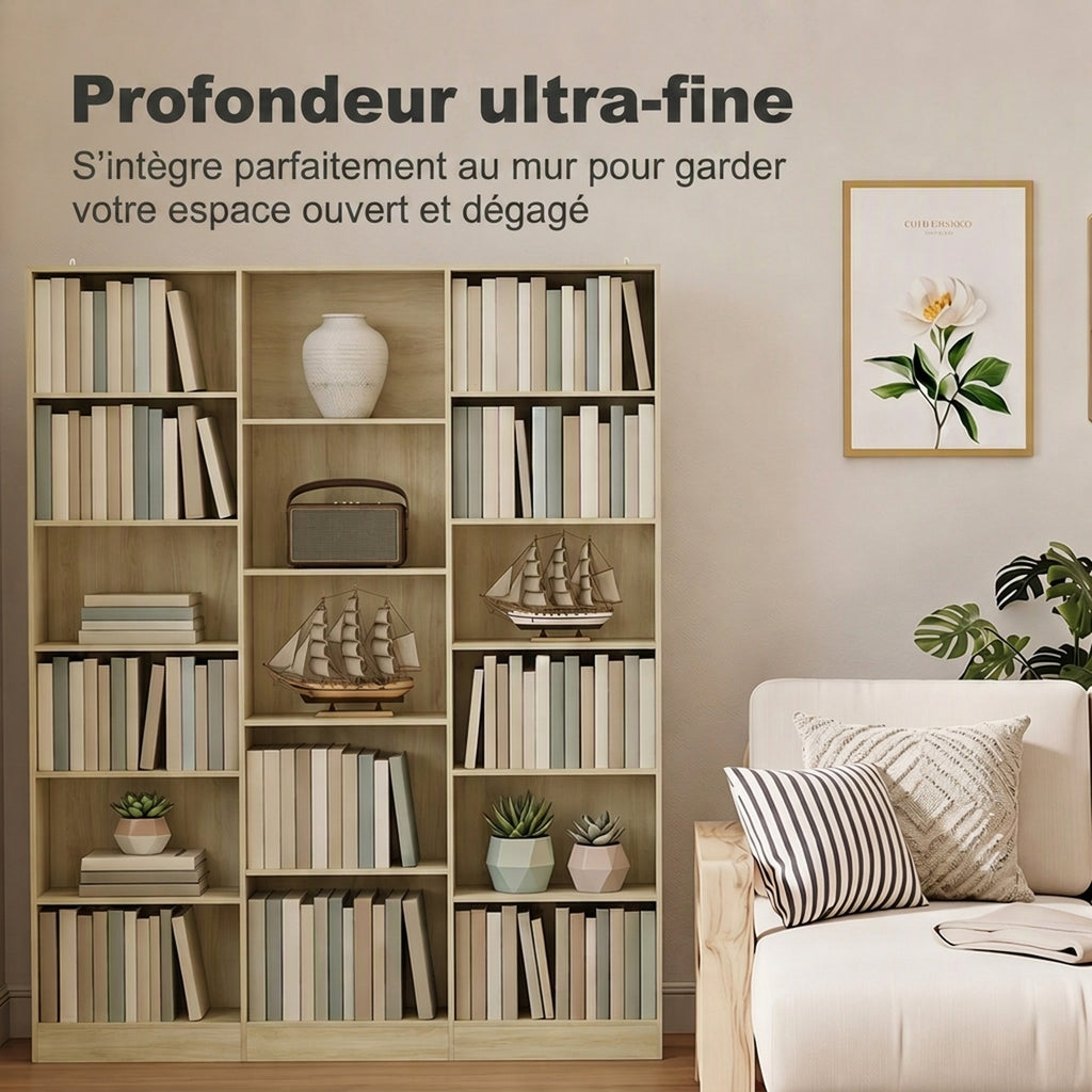Bibliothèque 6 Niveaux, Étagère de Rangement avec 17 Compartiments et Étagères Réglables, 149 x 23,6 x 188 cm, Chêne-5